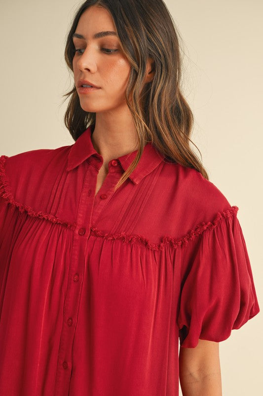 Mineral Washed Button Down Puff Sleeve Shirt Dress