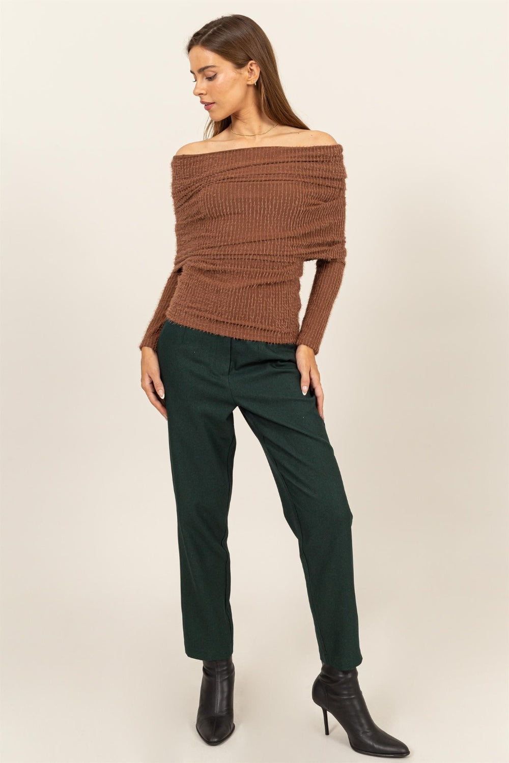 Fuzzy Off Shoulder Textured Knit Top In Brown