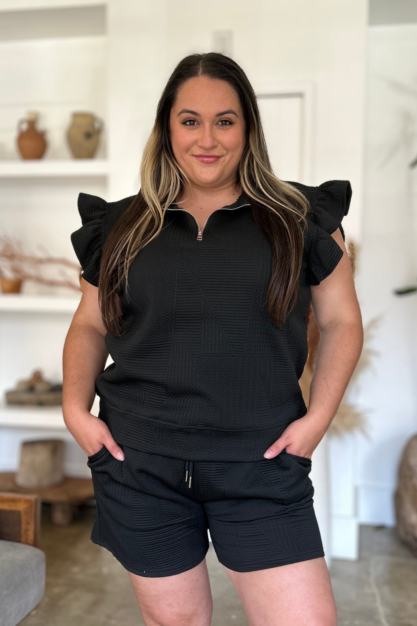 Full Size Texture Flounce Sleeve Top and Shorts Set