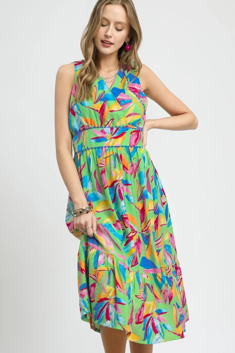 Ruffled Hem Printed Sleeveless Midi Dress