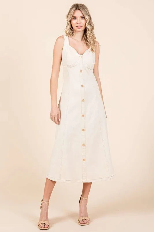 Stretch Twill Decor Button Sleeveless Midi Dress