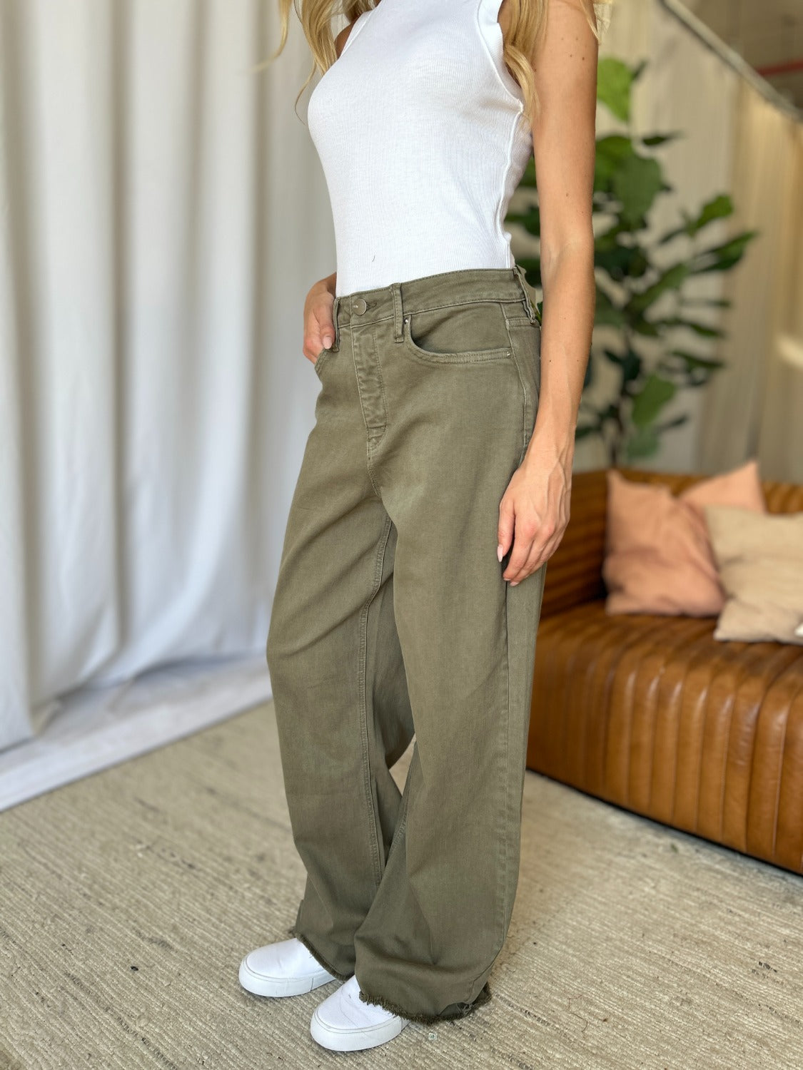 Full Size High Rise Garment Dye Wide Leg Jeans
