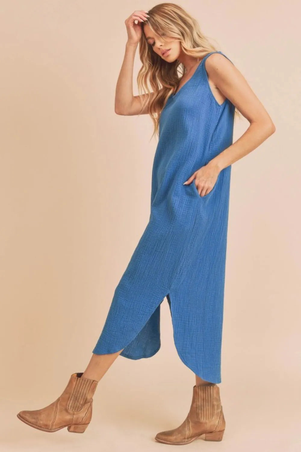 Round Neck Midi Tank Dress with Pockets