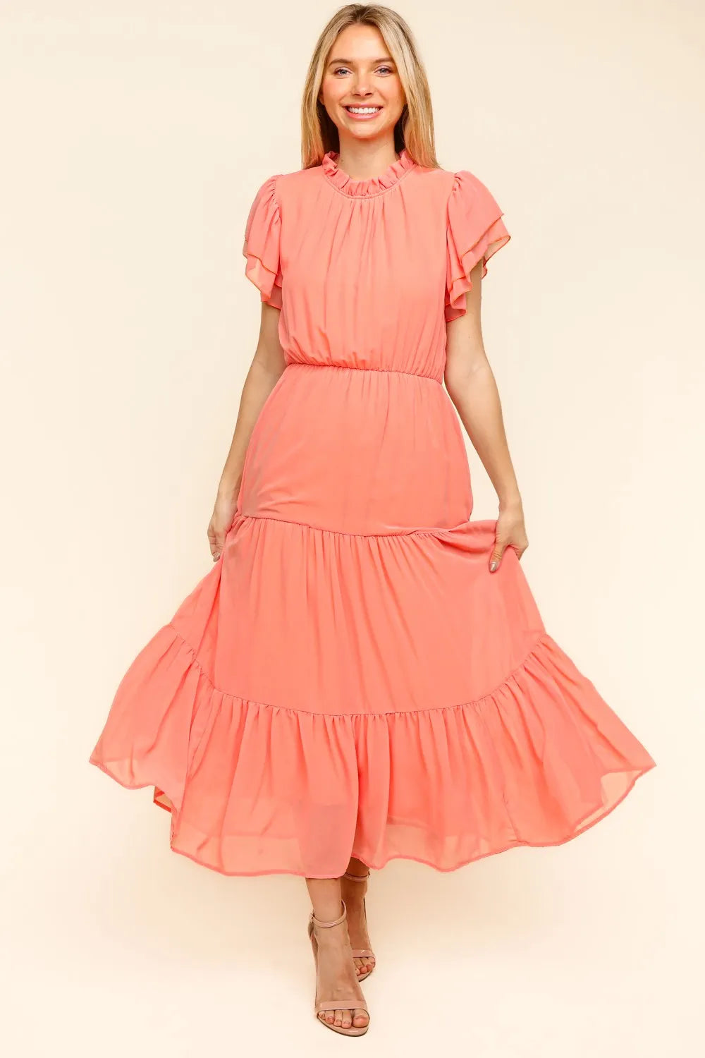 Full Size Tiered Frill Mock Neck Short Sleeve Dress