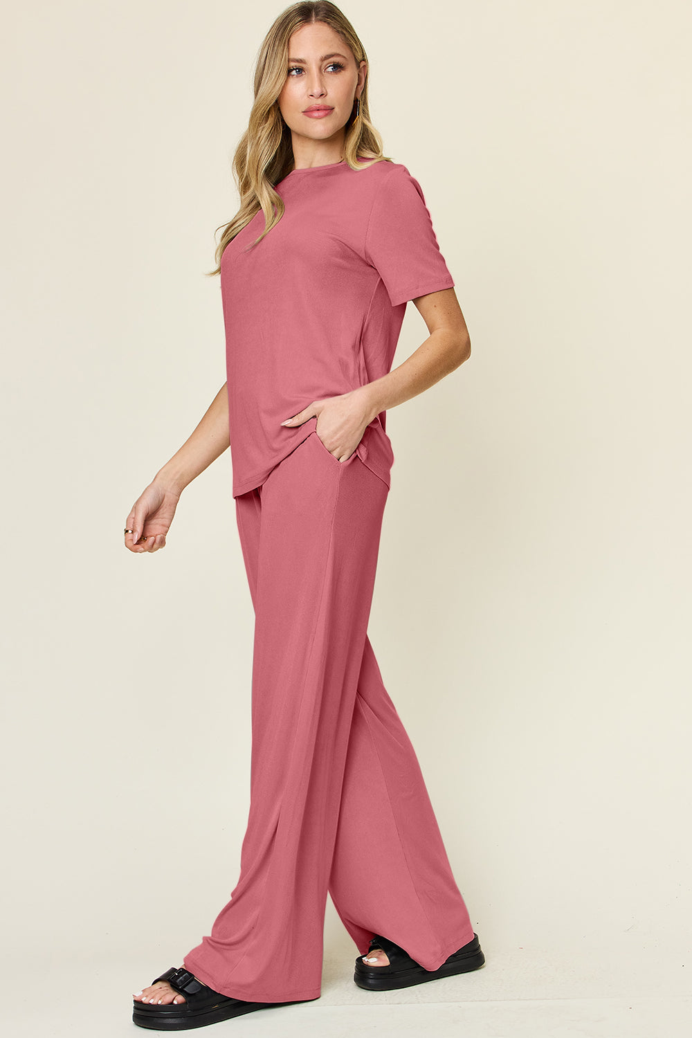 Full Size Round Neck Short Sleeve T-Shirt and Wide Leg Pants Set