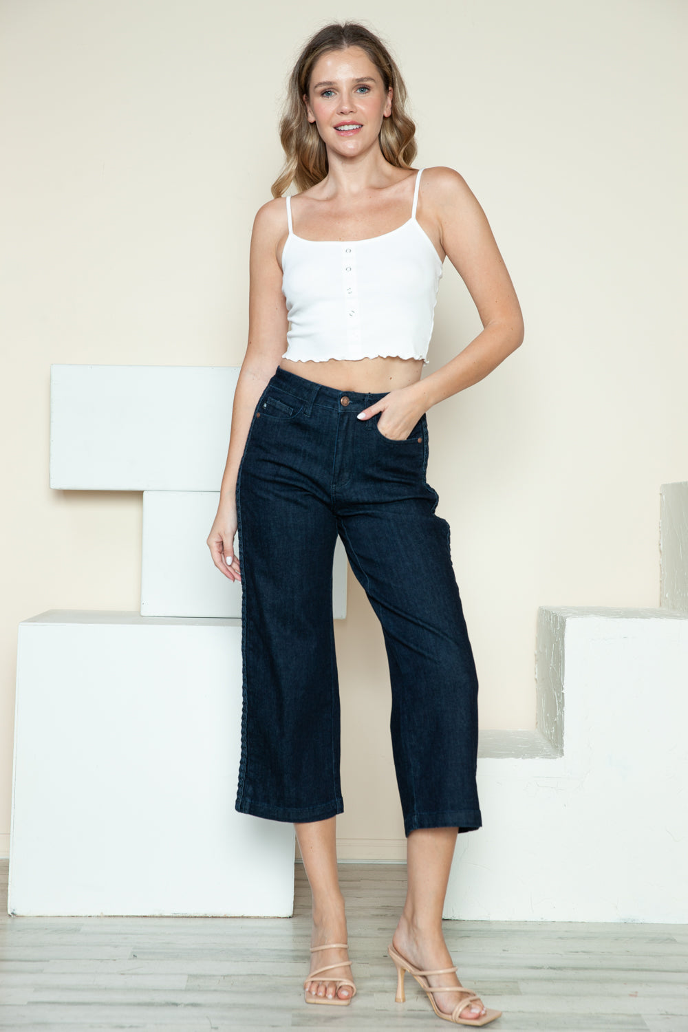 Full Size Side Seam Braid Detail Crop Wide Leg Jeans