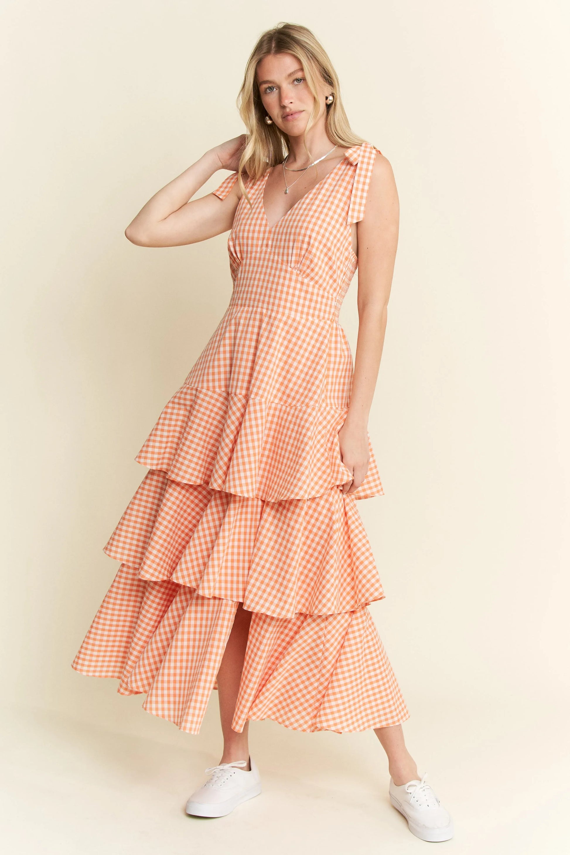 Sleeveless Gingham Print Tiered Midi Dress