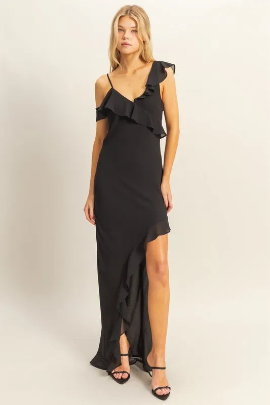 Chiffon Ruffle Trim Midi Dress