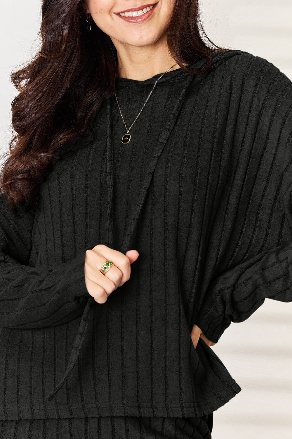 Full Size Ribbed Drawstring Hooded Top and Straight Pants Set