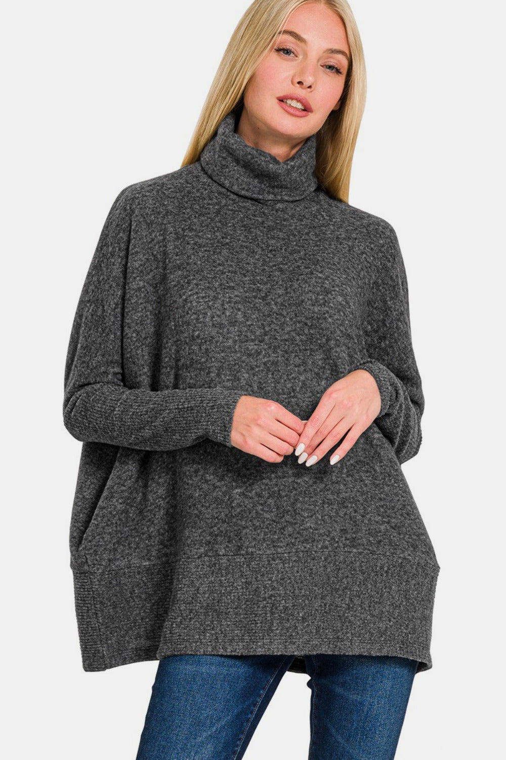 Full Size Brushed Melange Hacci Turtleneck Sweater...