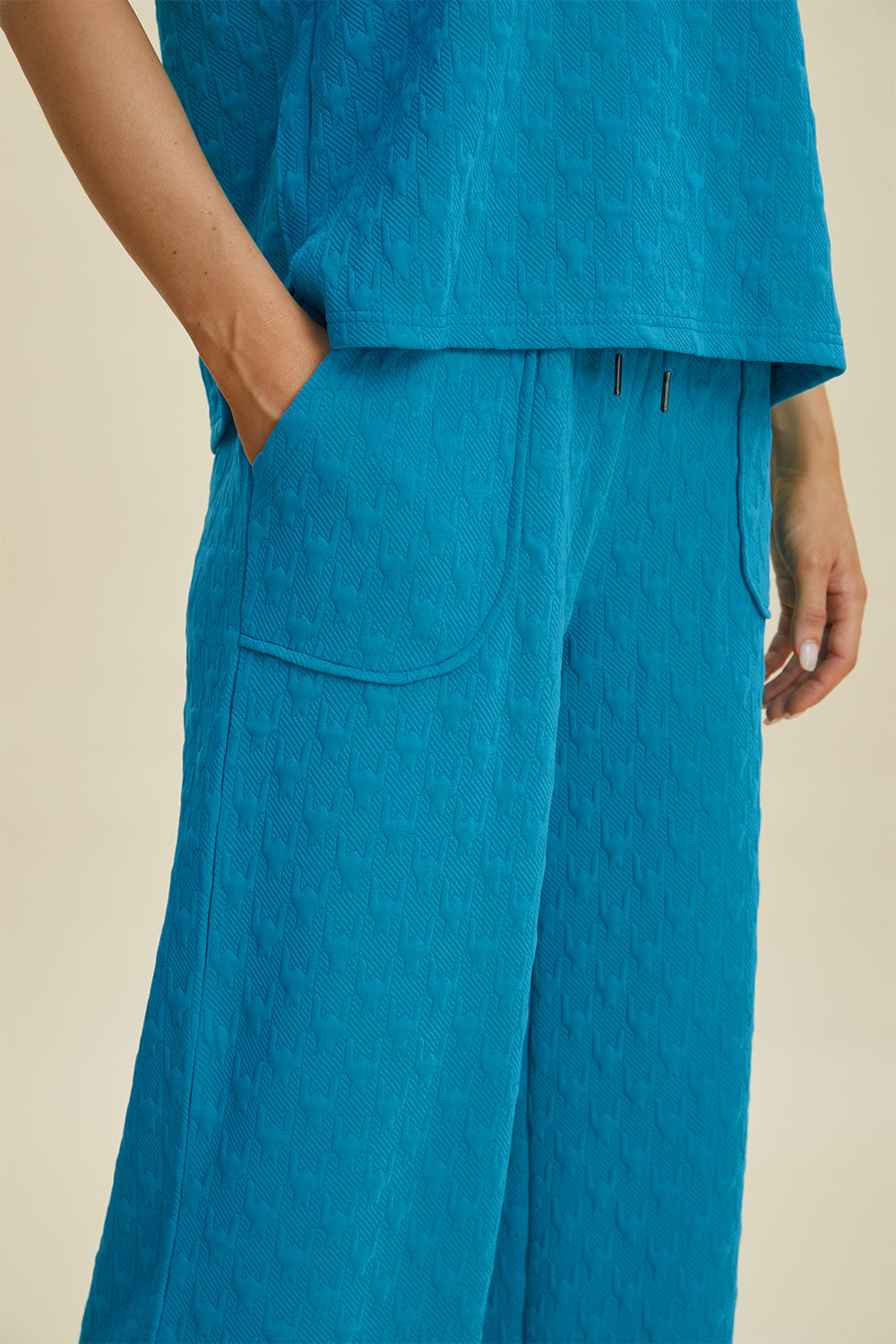 Full Size Texture Drawstring Short Sleeve Hoodie and Pocketed Pants Set