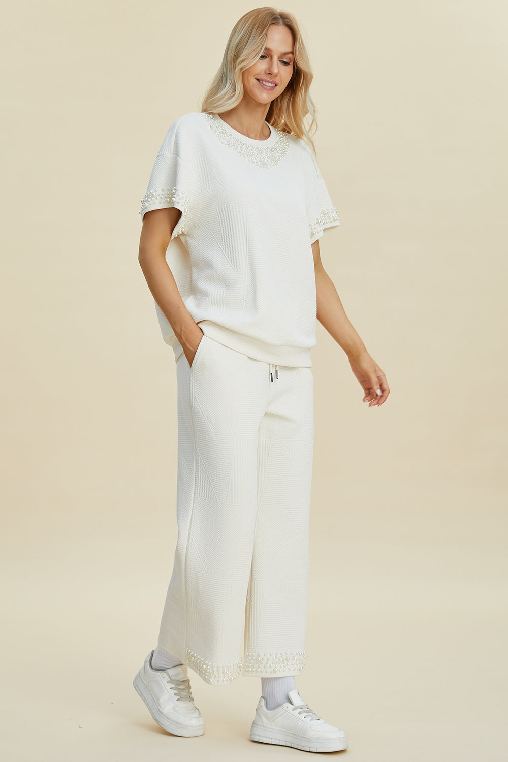 Full Size Pearl Detail Round Neck Top and Pants Set