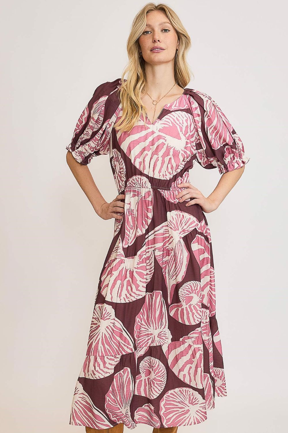 Printed Notched Puff Sleeve Midi Dress Plus Size