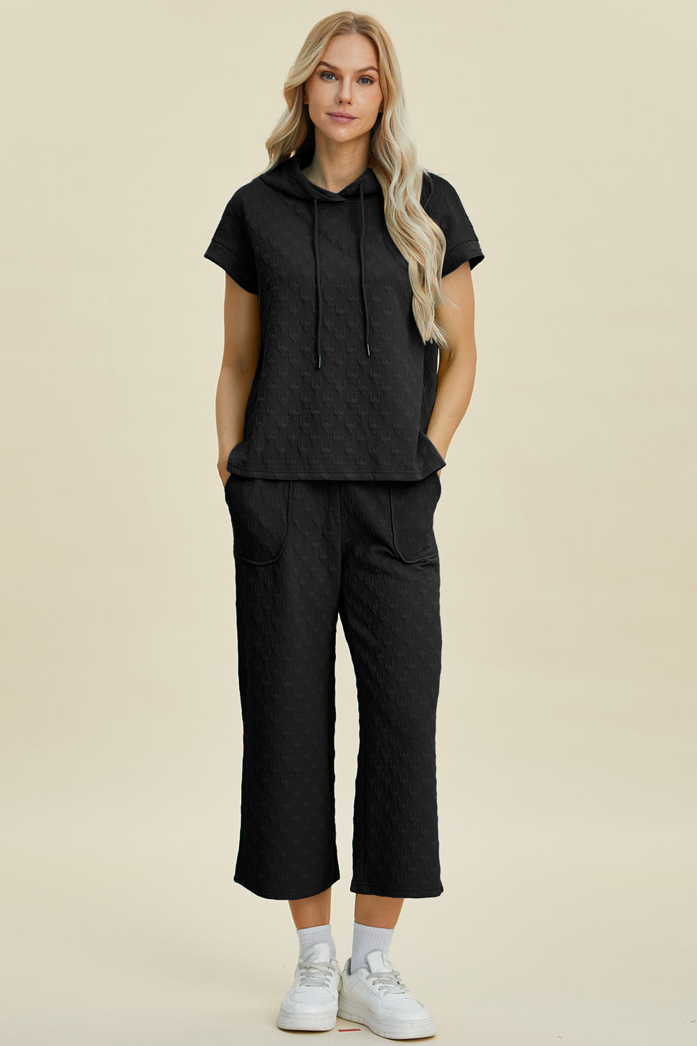 Full Size Texture Drawstring Short Sleeve Hoodie and Pocketed Pants Set