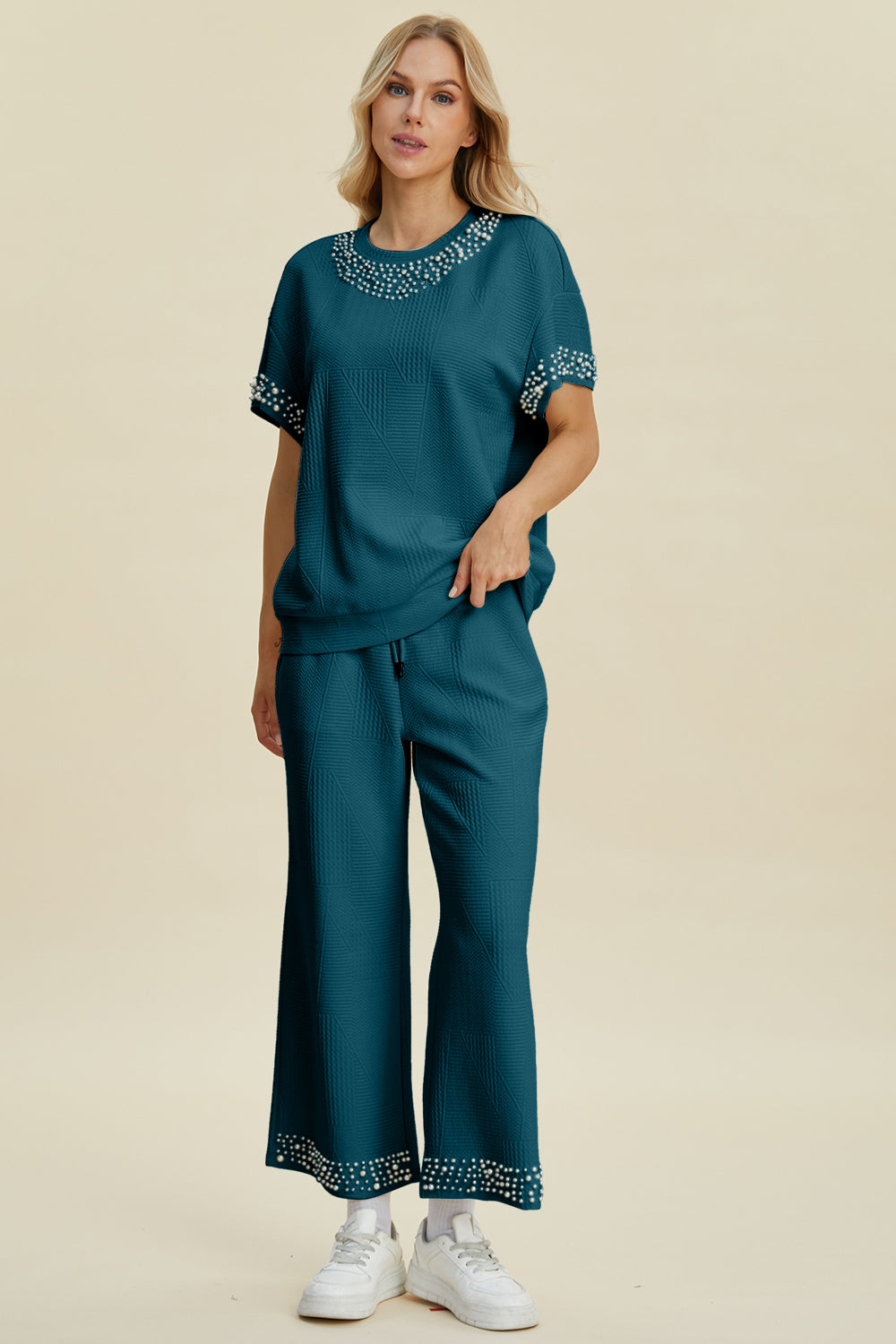 Full Size Pearl Detail Round Neck Top and Pants Set