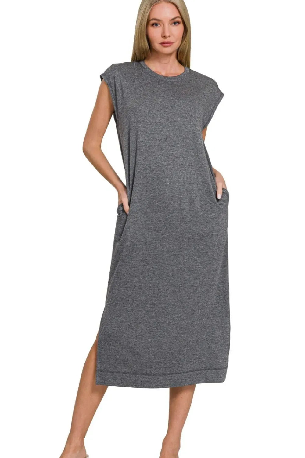 French Terry Sleeveless Round Neck Midi Dress