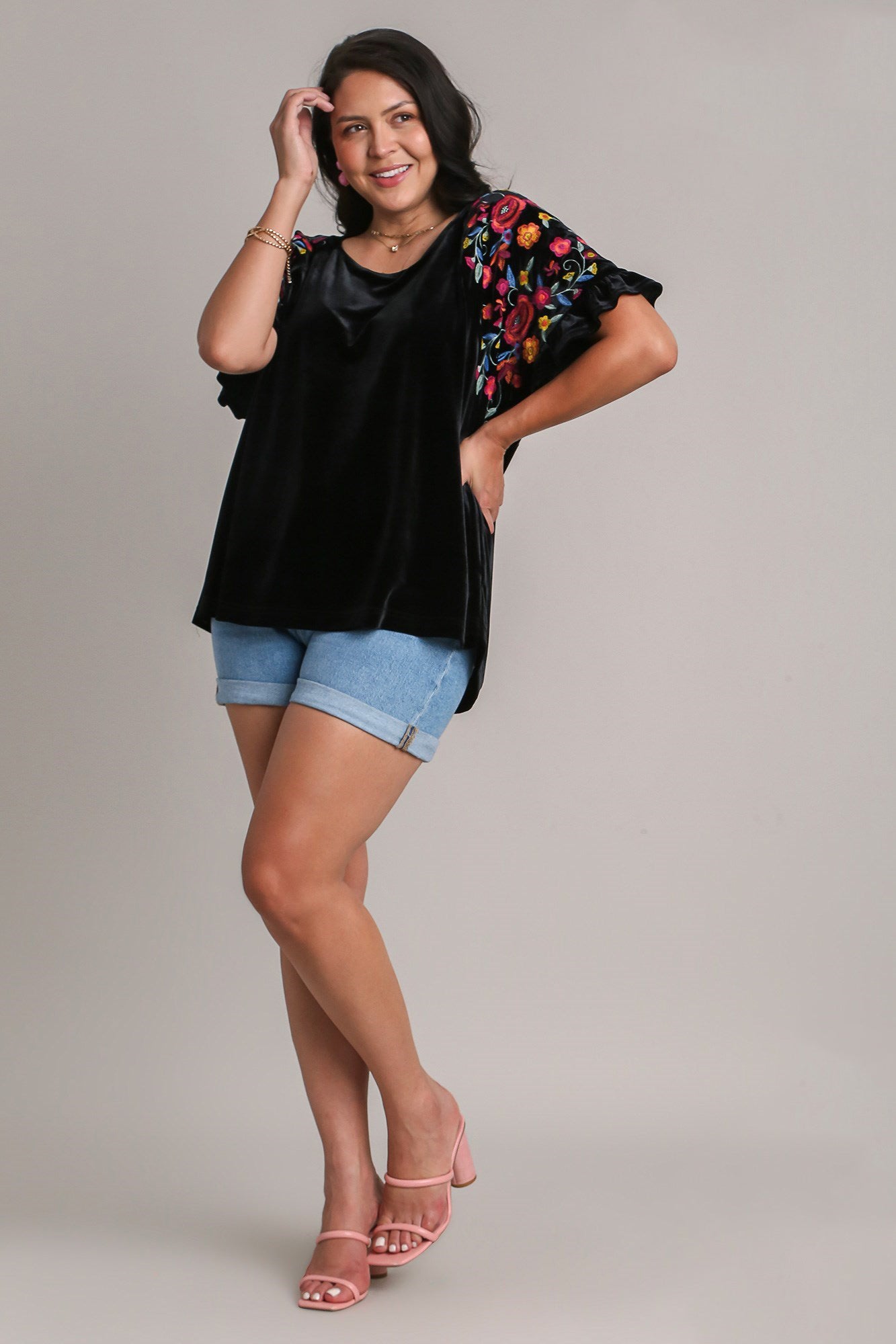 Full Size Velvet Embroidery Short Sleeve Blouse