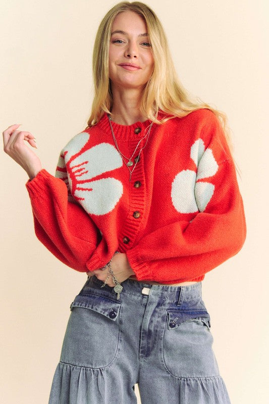 Flower Contrast Round Neck Long Sleeve Cardigan.