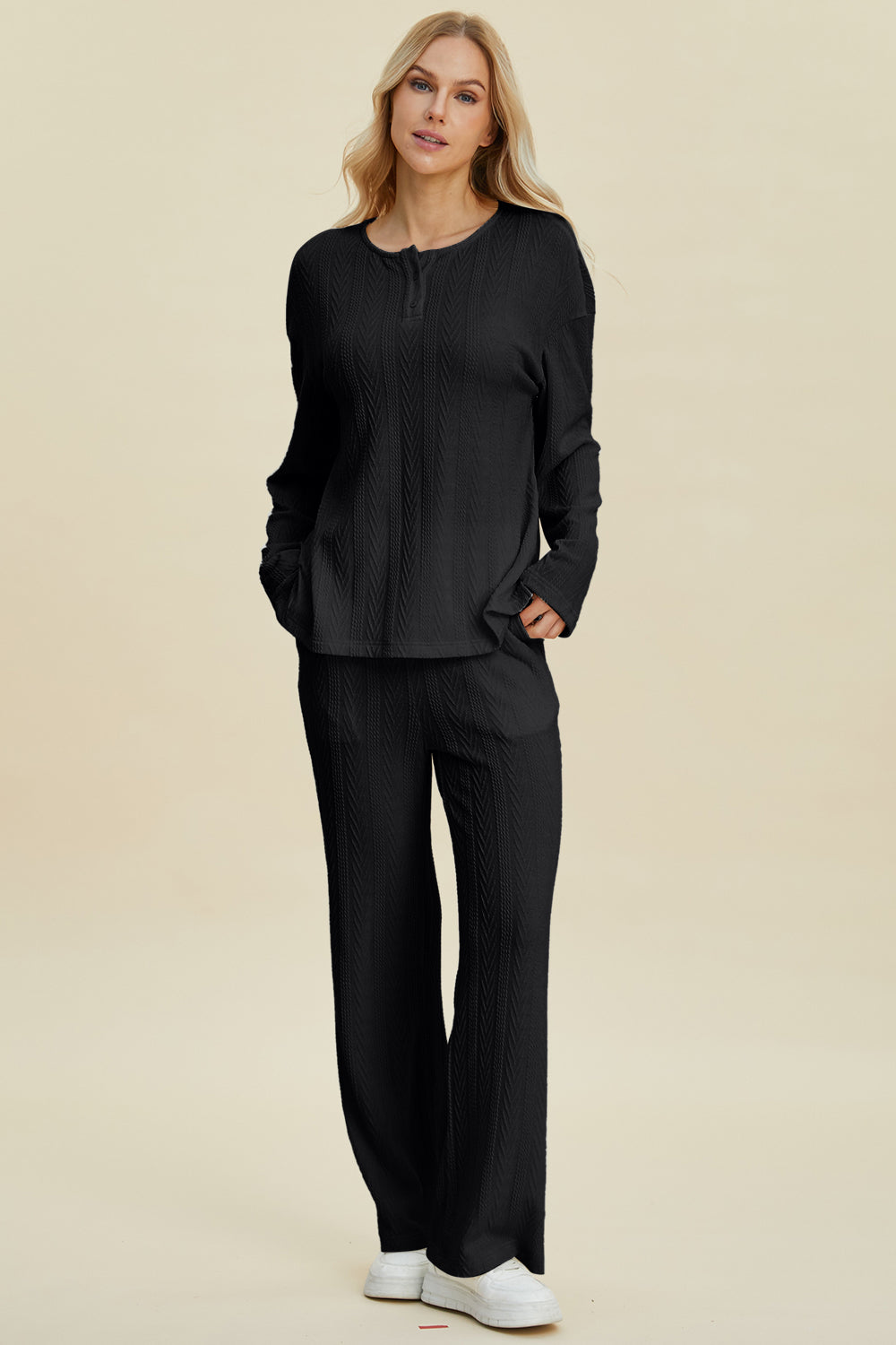 Full Size Cable-Knit Long Sleeve Top and Pants Set