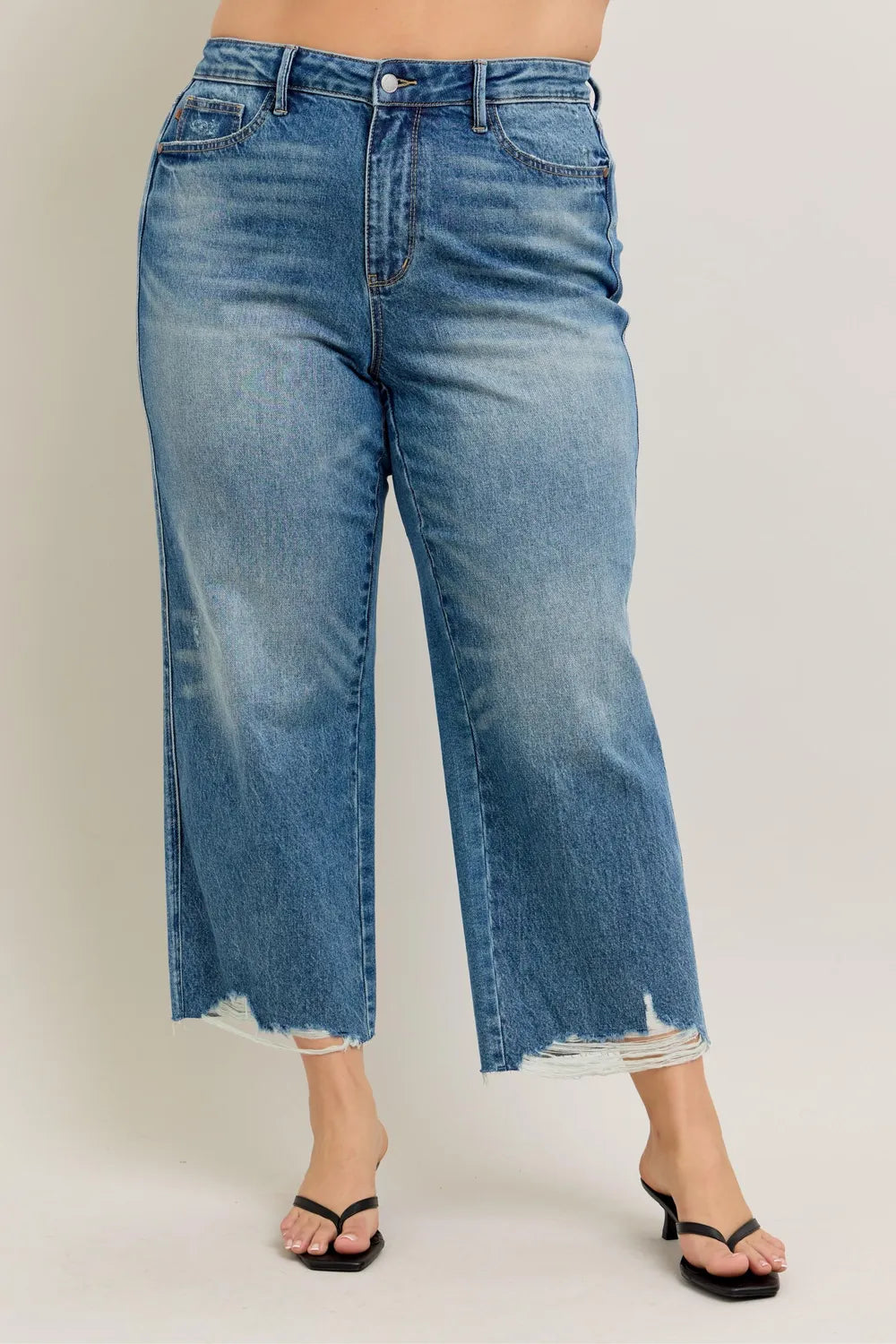 Judy Blue Plus Size High Waist Rigid Magic Destroy Hem Crop Wide | Judy Blue,Ship from USA