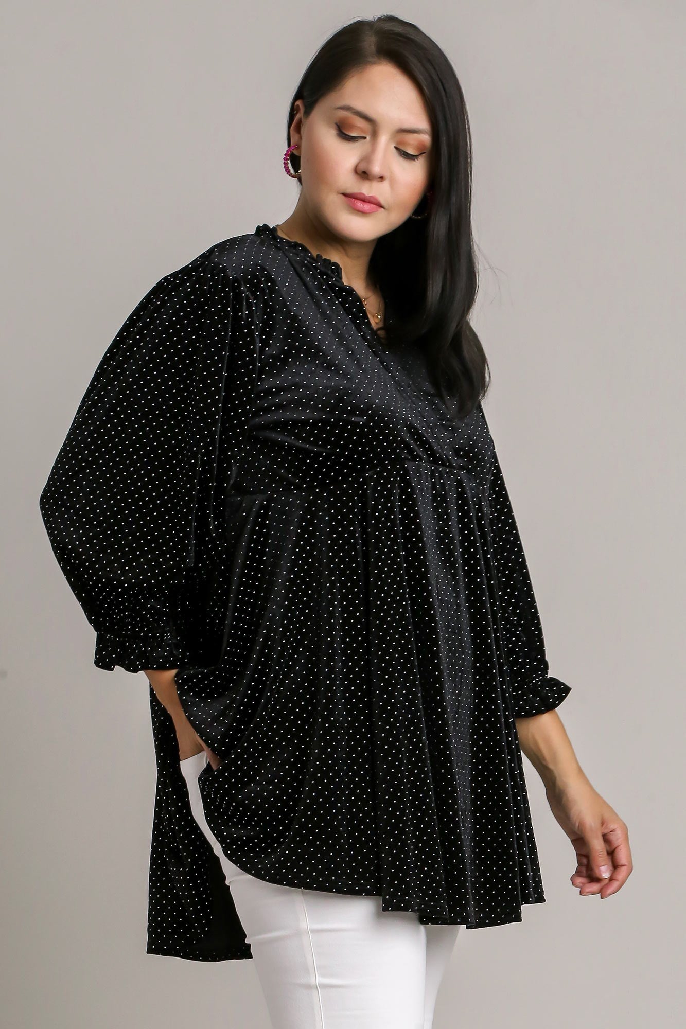 Full Size Beaded Frill Flounce Sleeve Velvet Babydoll Blouse