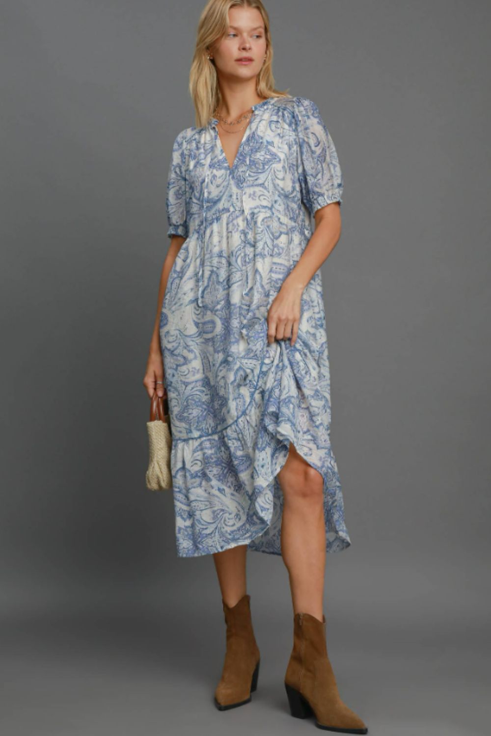 Printed Puff Short Sleeve Midi Dress Plus Size