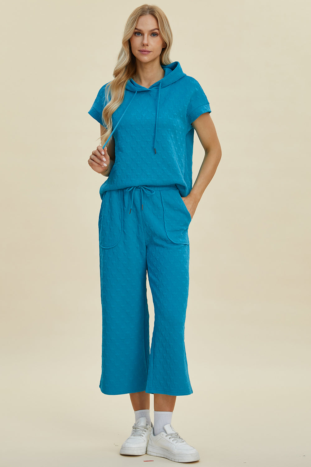 Full Size Texture Drawstring Short Sleeve Hoodie and Pocketed Pants Set
