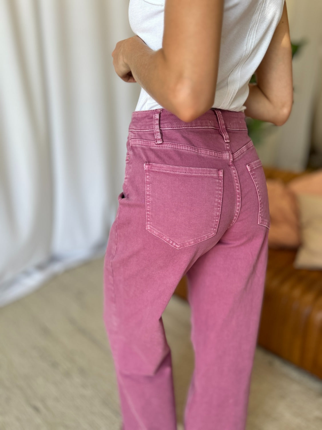 Full Size High Rise Garment Dye Wide Leg Jeans