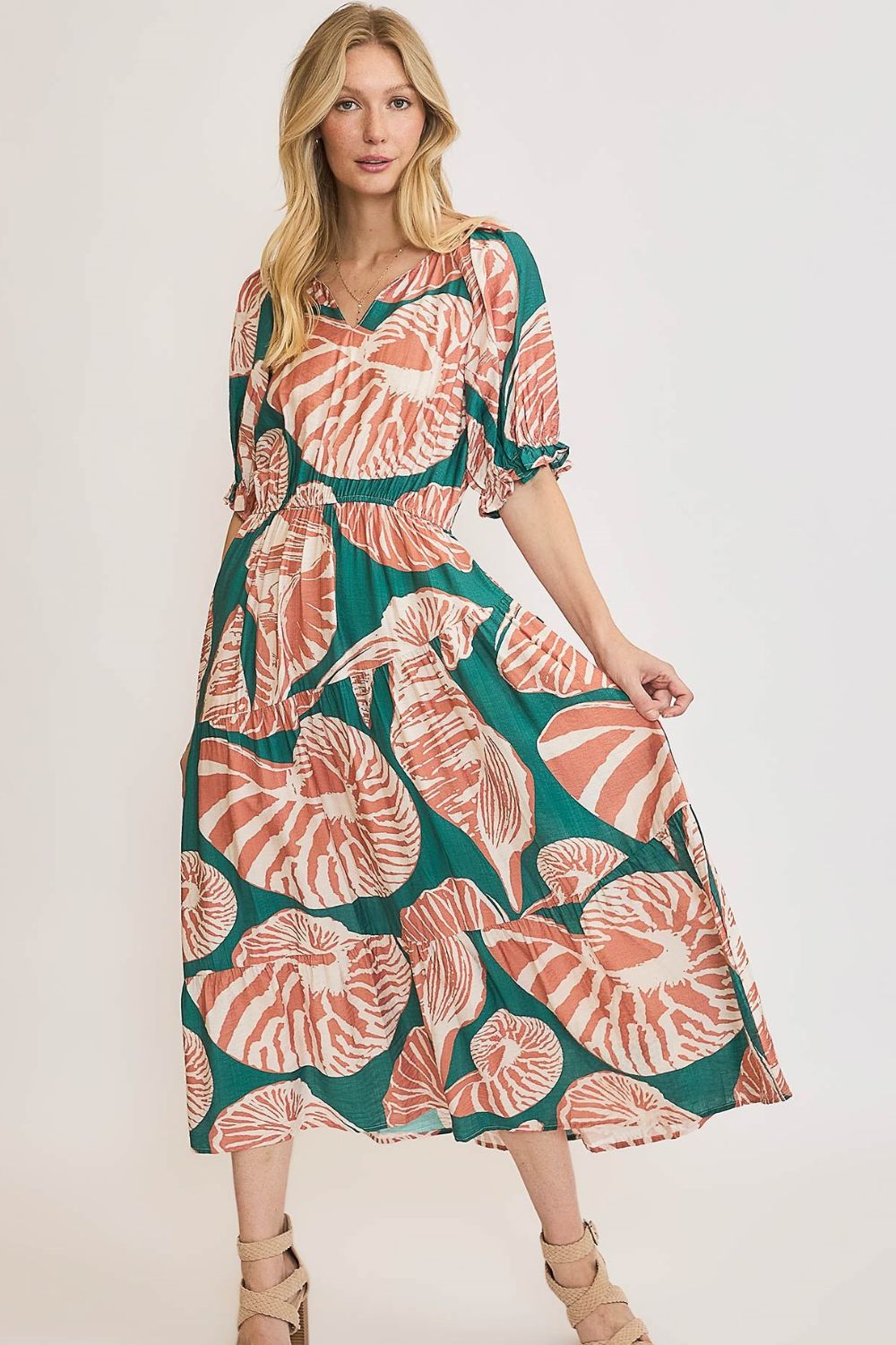 Printed Notched Puff Sleeve Midi Dress Plus Size
