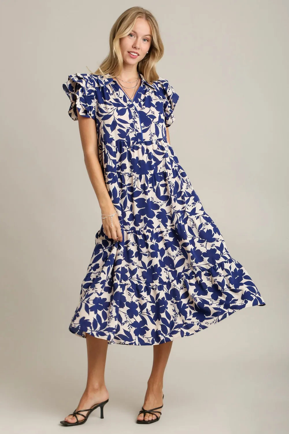 Floral Collared Ruffle Cap Sleeve Midi Dress Plus Size