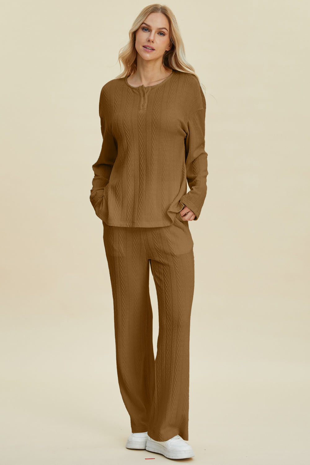 Full Size Cable-Knit Long Sleeve Top and Pants Set