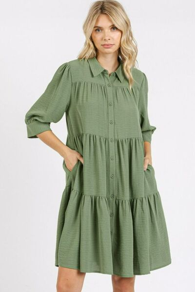 Button Detail Collared Neck Tiered Shirt Dress