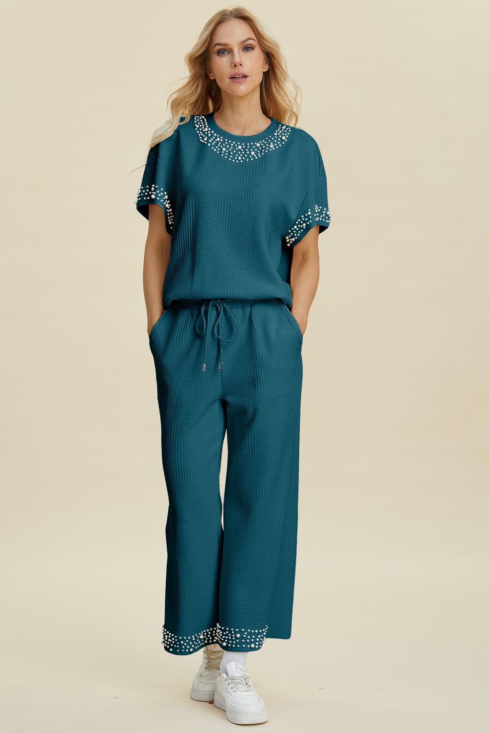Full Size Pearl Detail Round Neck Top and Pants Set