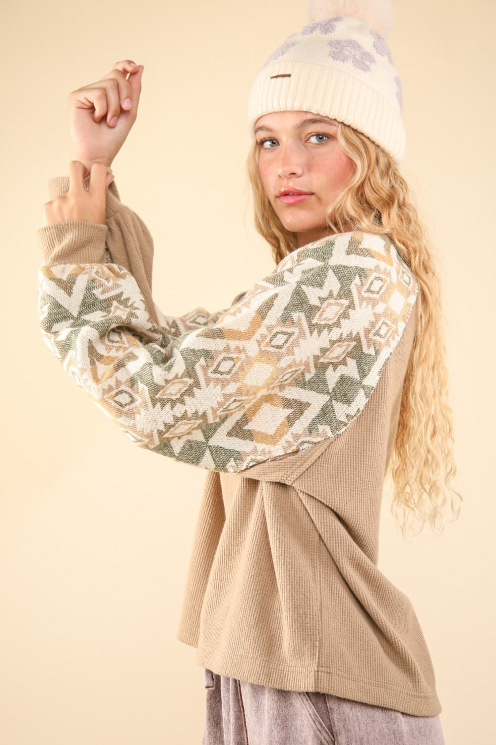 Printed Long Sleeve Round Neck Knit Top..