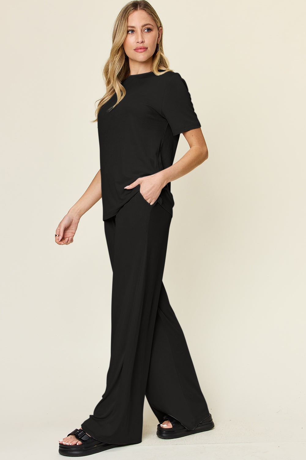 Full Size Round Neck Short Sleeve T-Shirt and Wide Leg Pants Set