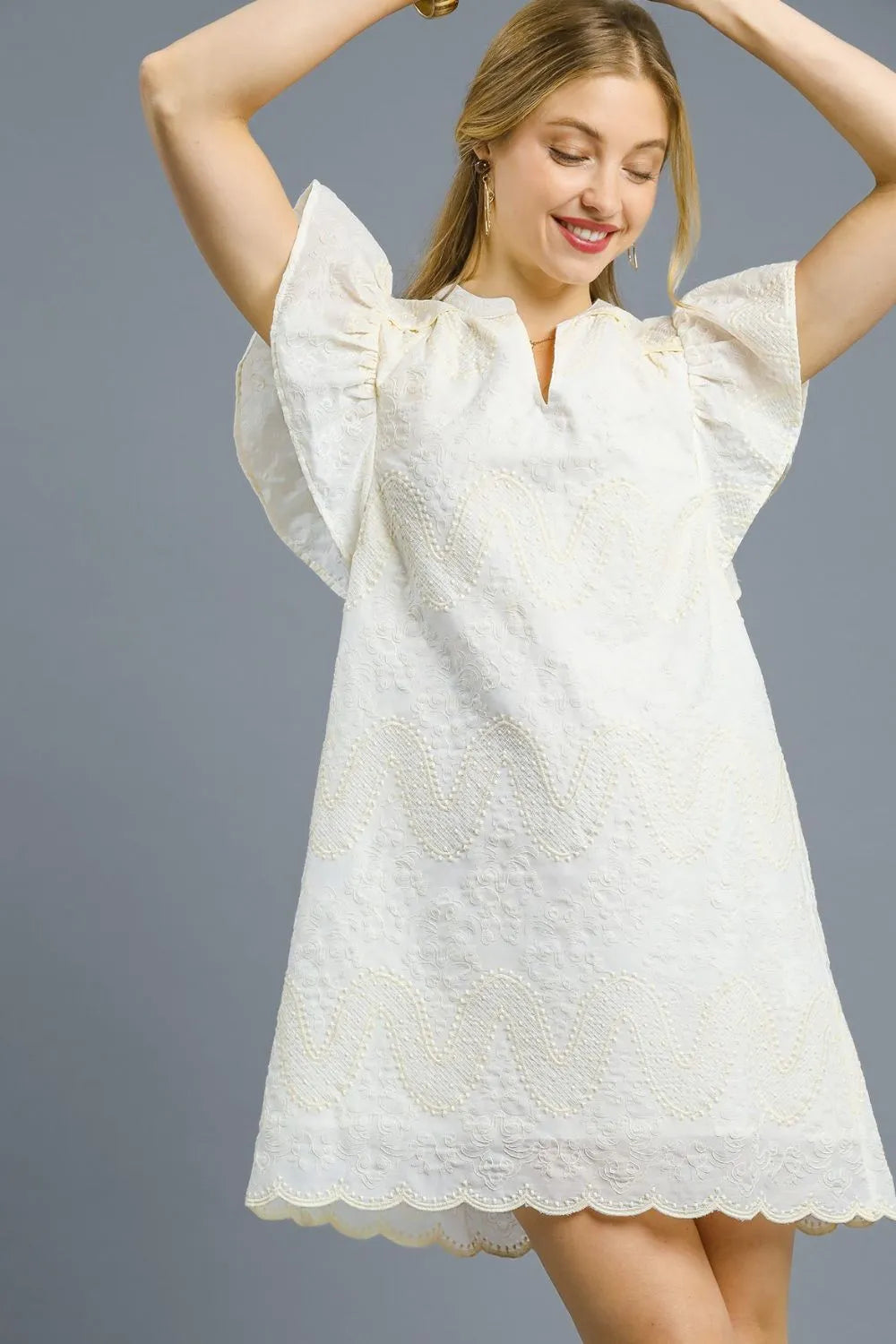 Scalloped Hem Embroidered Mini Dress