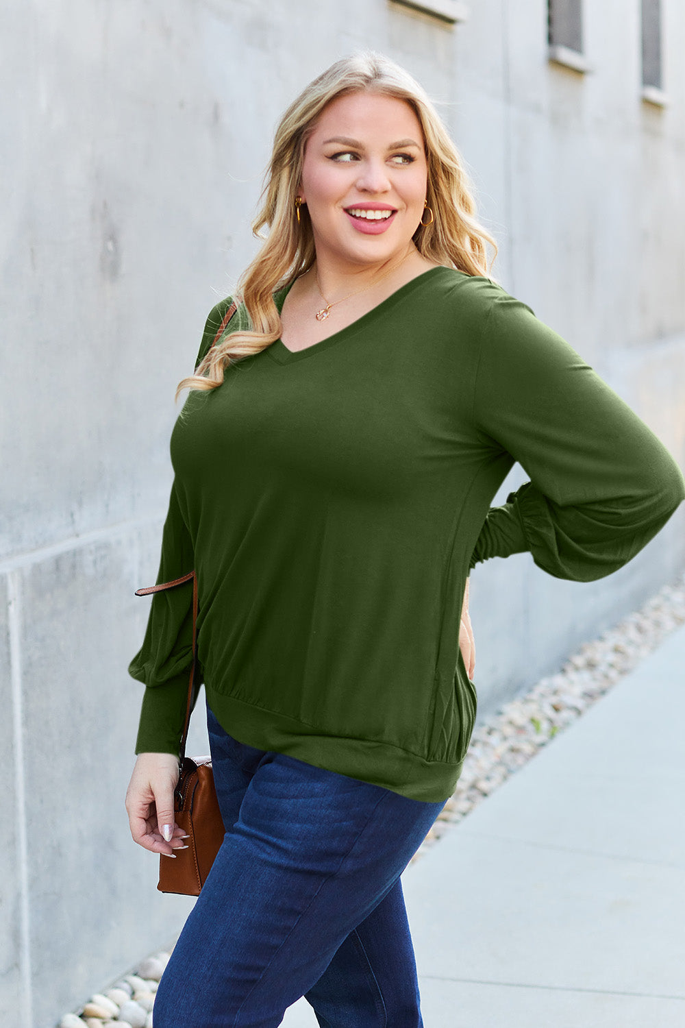 Full Size V-Neck Lantern Sleeve Top