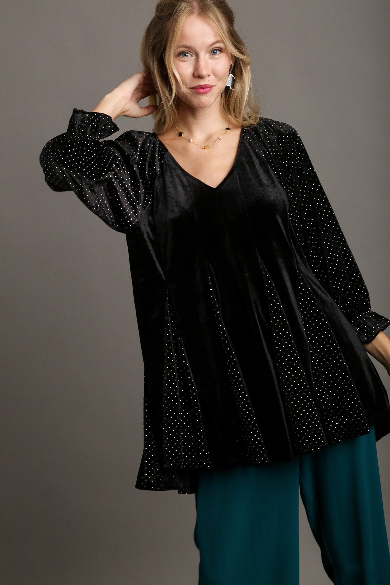 Godet Hem Polka Dot V-Neck Blouse