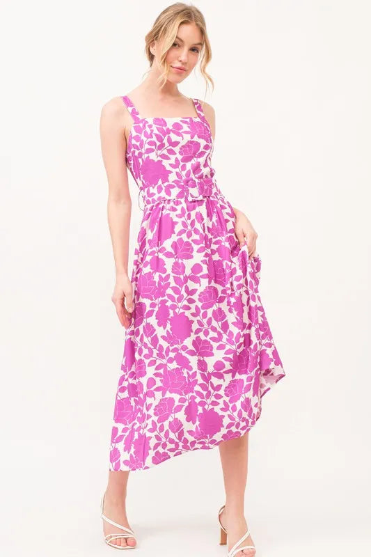 Square Neck Belted Floral Printed Midi Dress