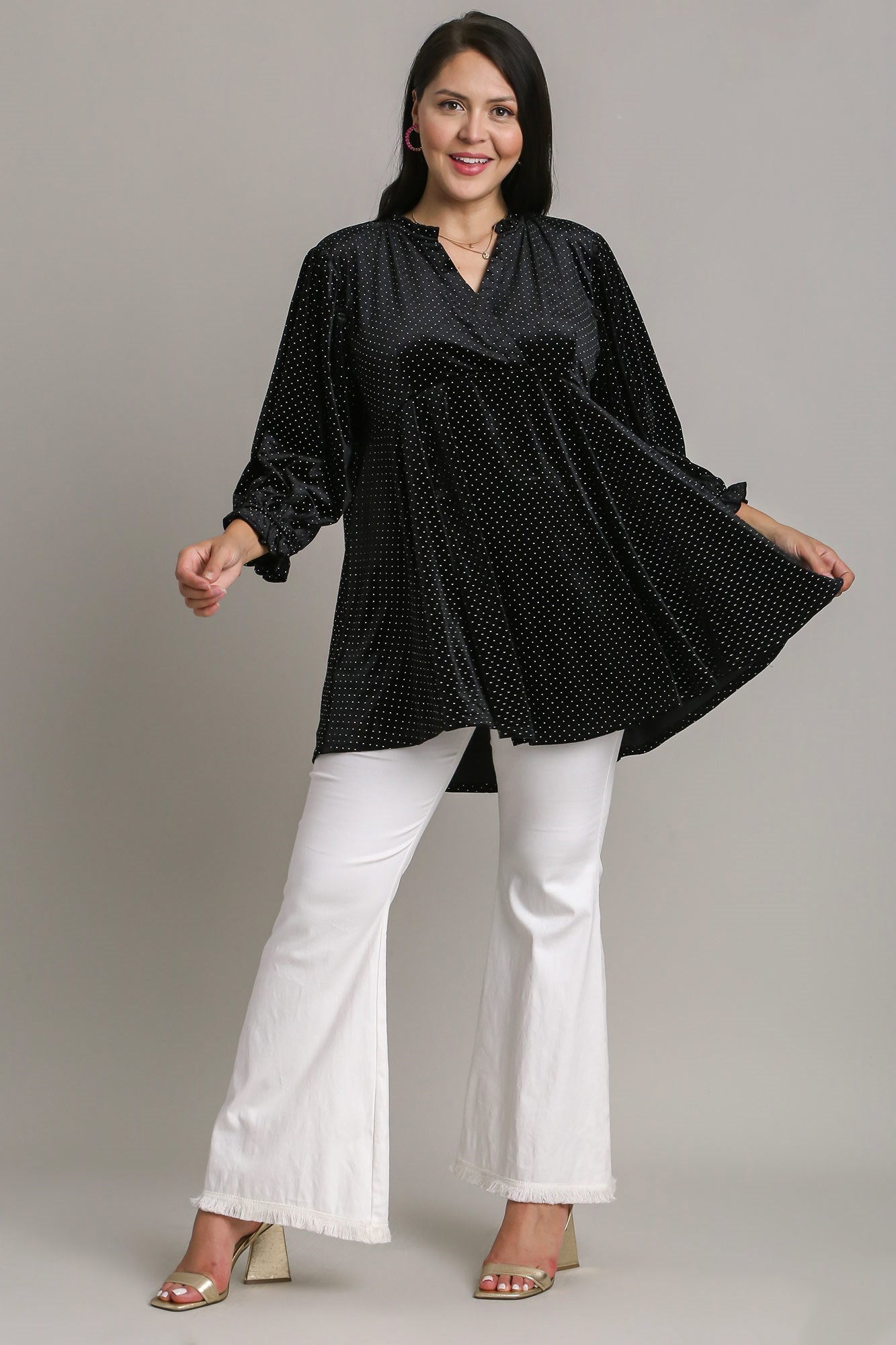 Full Size Beaded Frill Flounce Sleeve Velvet Babydoll Blouse