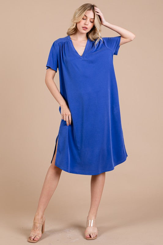 Side Slit Short Sleeve Midi Dress with Pockets