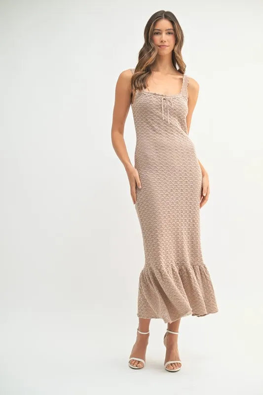 Ruffled Hem Sleeveless Crochet Knit Midi Dress
