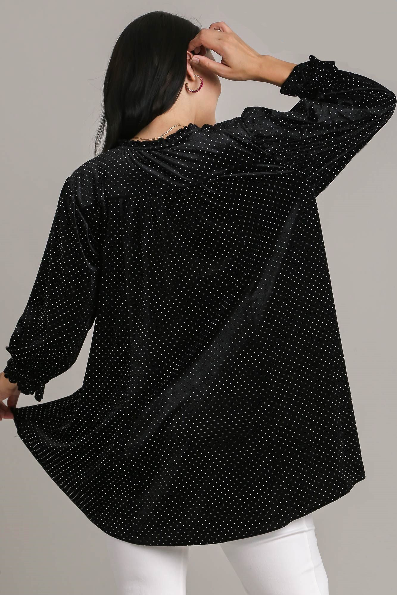 Full Size Beaded Frill Flounce Sleeve Velvet Babydoll Blouse