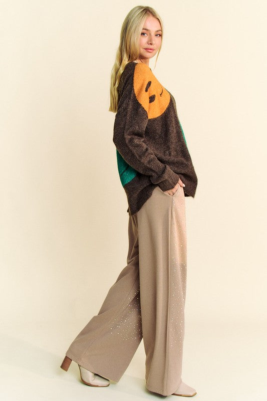 Contrast Smile Round Neck Oversize Sweater,,