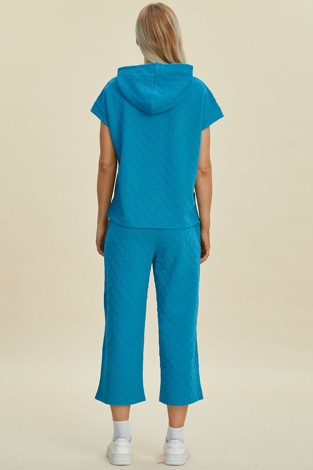 Full Size Texture Drawstring Short Sleeve Hoodie and Pocketed Pants Set