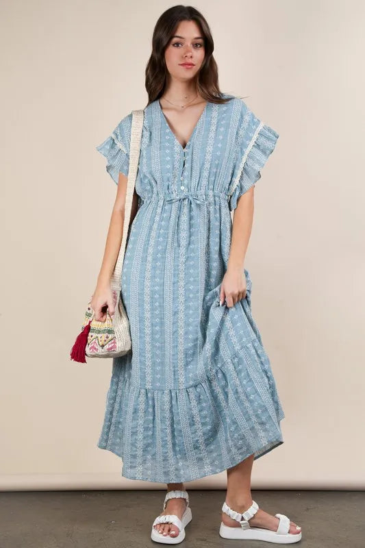 Embroidered Boho Ruffled Midi Dress