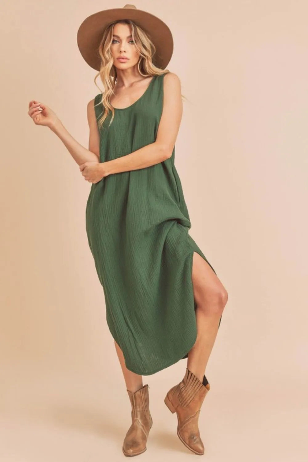 Round Neck Midi Tank Dress with Pockets