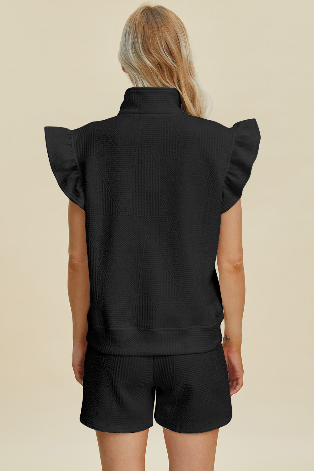 Full Size Texture Flounce Sleeve Top and Shorts Set