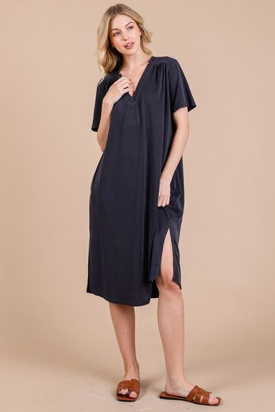 Side Slit Short Sleeve Midi Dress with Pockets