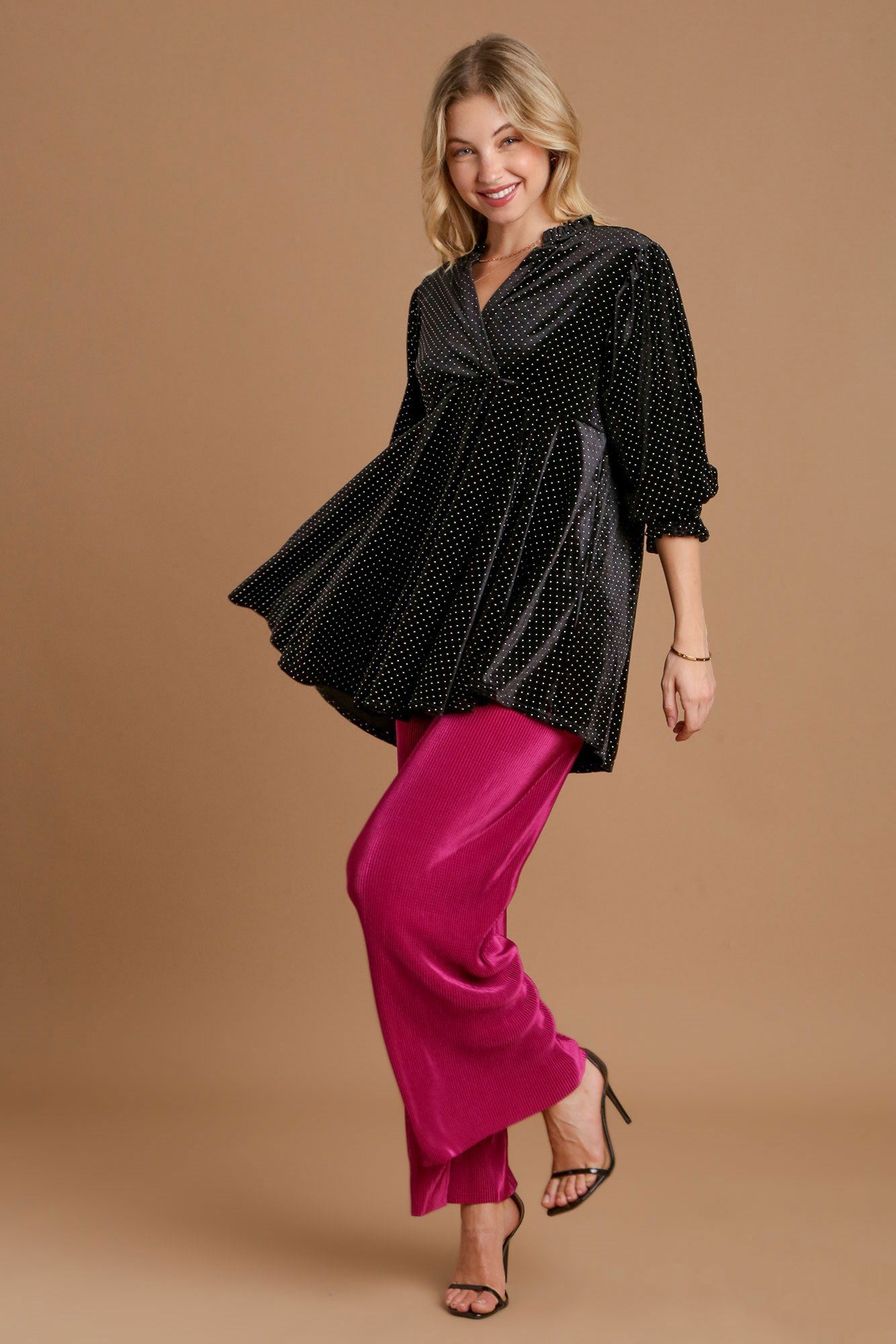 Full Size Beaded Frill Flounce Sleeve Velvet Babydoll Blouse